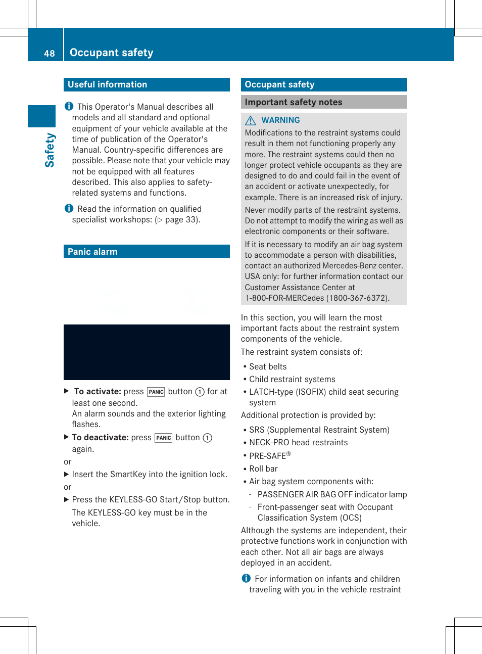 Safet y, Occupant safety | Mercedes-Benz SL-Class 2014 Owners Manual User Manual | Page 50 / 618