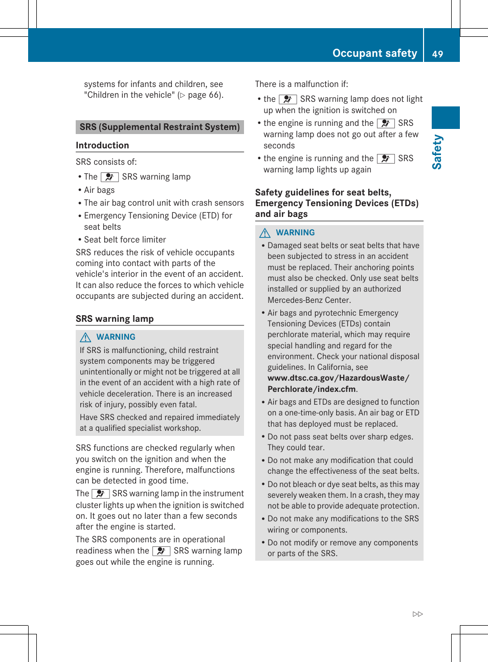 Safety, Occupant safety | Mercedes-Benz SL-Class 2014 Owners Manual User Manual | Page 51 / 618