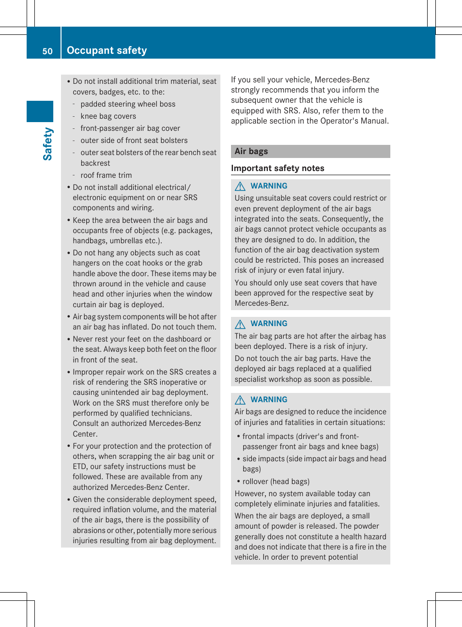 Safe ty, Occupant safety | Mercedes-Benz SL-Class 2014 Owners Manual User Manual | Page 52 / 618