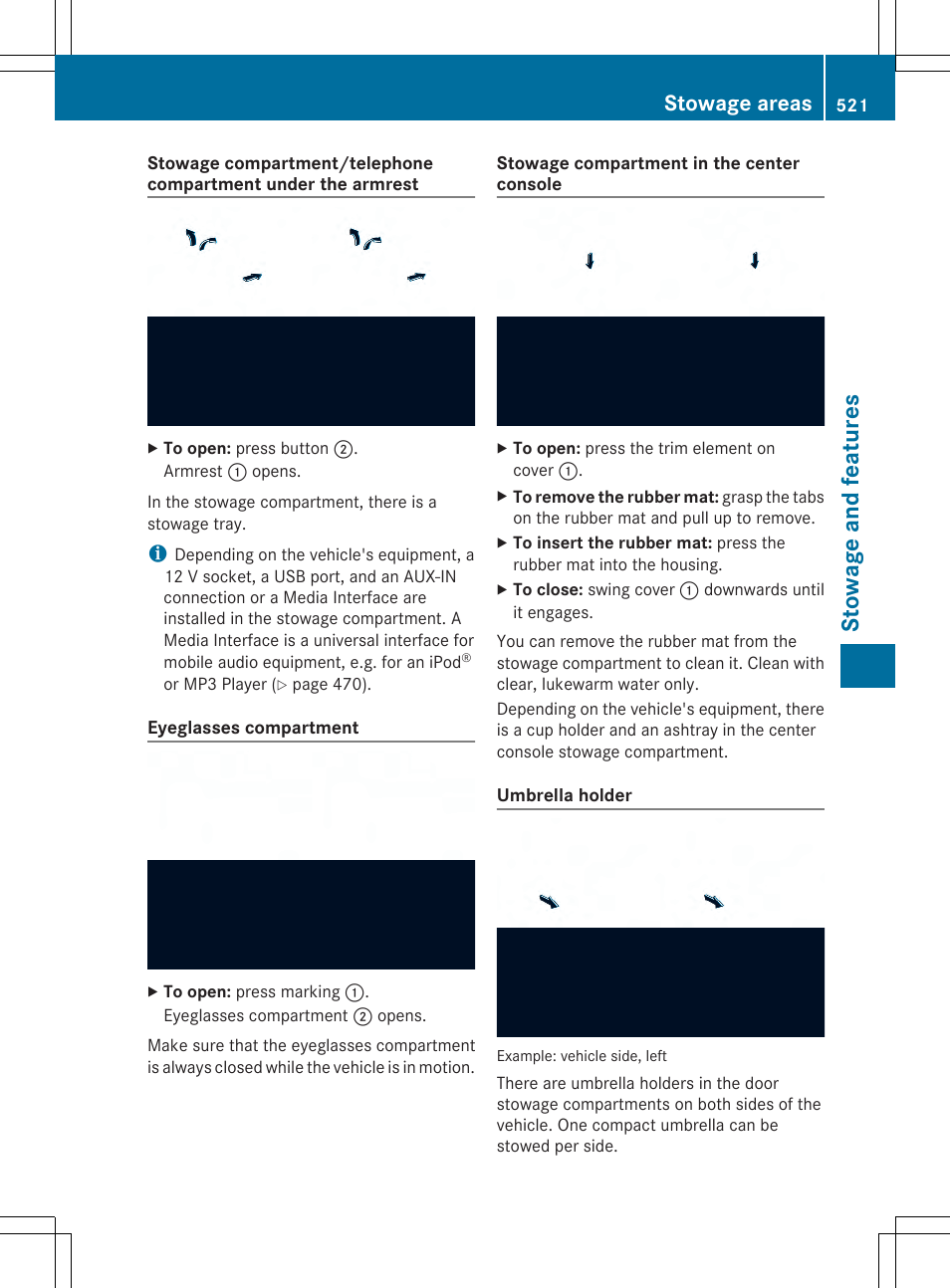 Stowage and features, Stowage areas | Mercedes-Benz SL-Class 2014 Owners Manual User Manual | Page 523 / 618