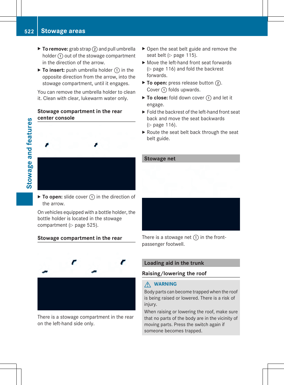 Sto wag e an d fe ature s, Stowage areas | Mercedes-Benz SL-Class 2014 Owners Manual User Manual | Page 524 / 618