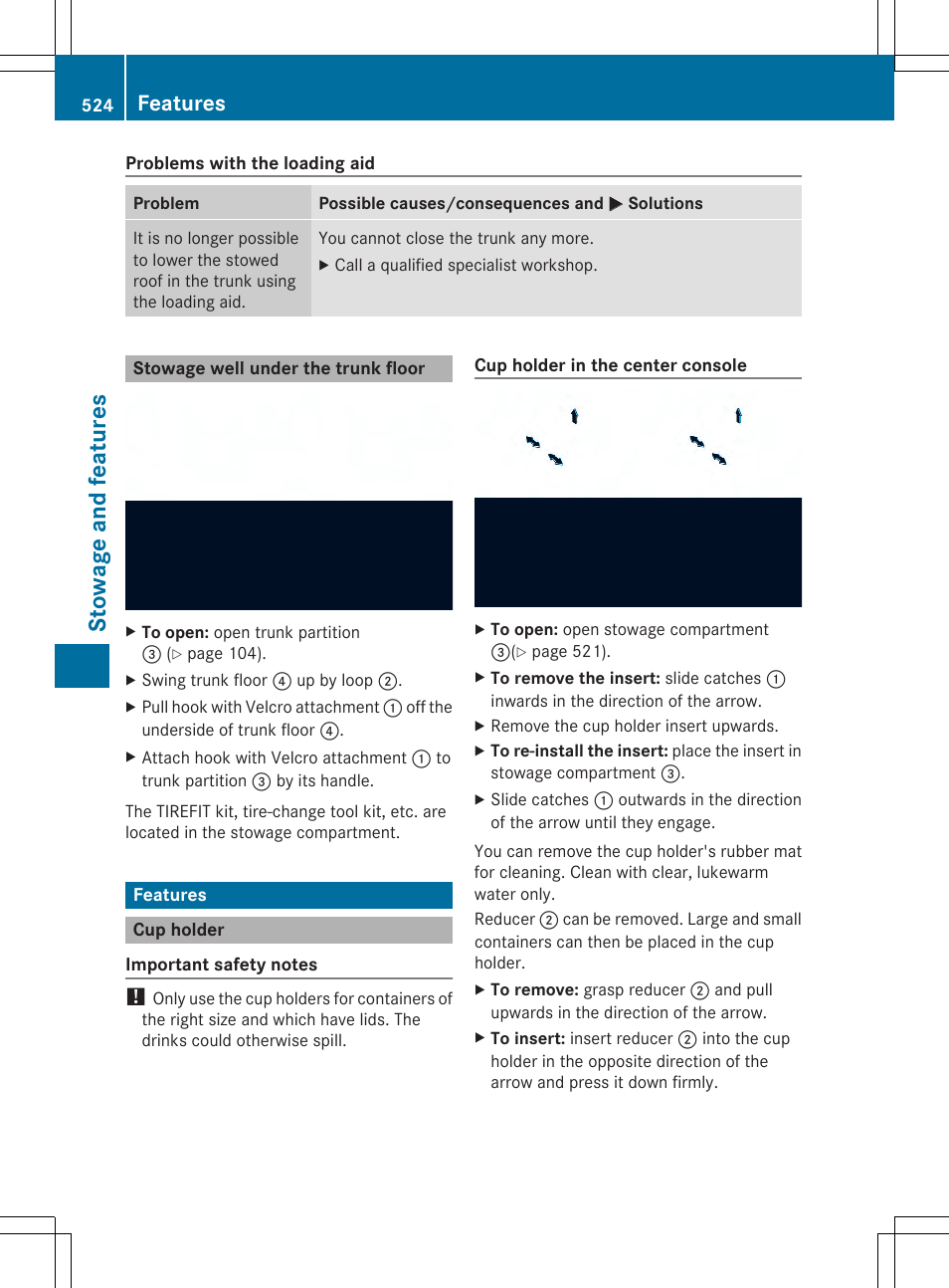 Stowage and features, Features | Mercedes-Benz SL-Class 2014 Owners Manual User Manual | Page 526 / 618
