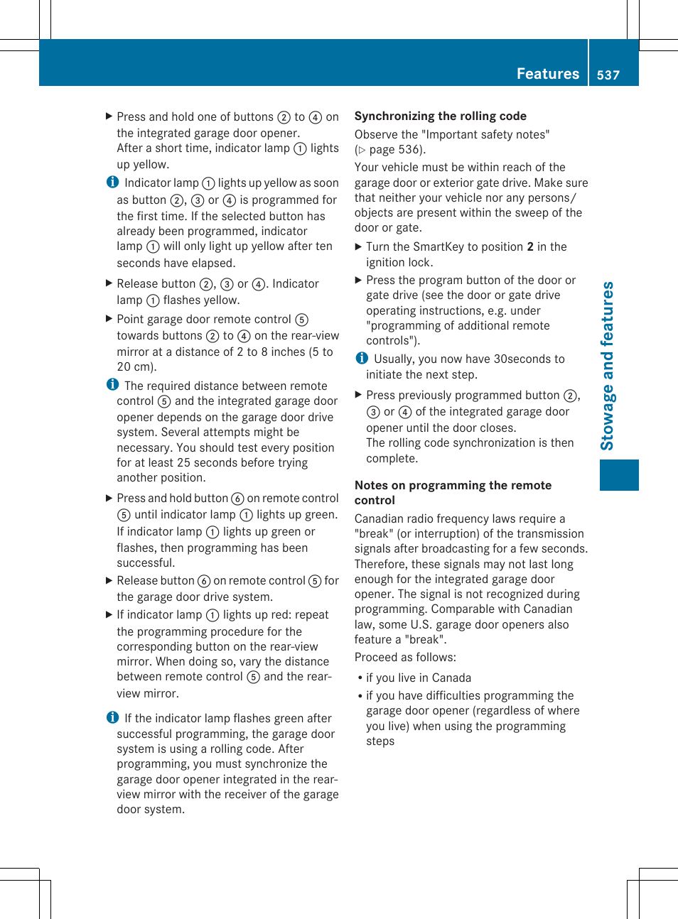 Stowage and features, Features | Mercedes-Benz SL-Class 2014 Owners Manual User Manual | Page 539 / 618