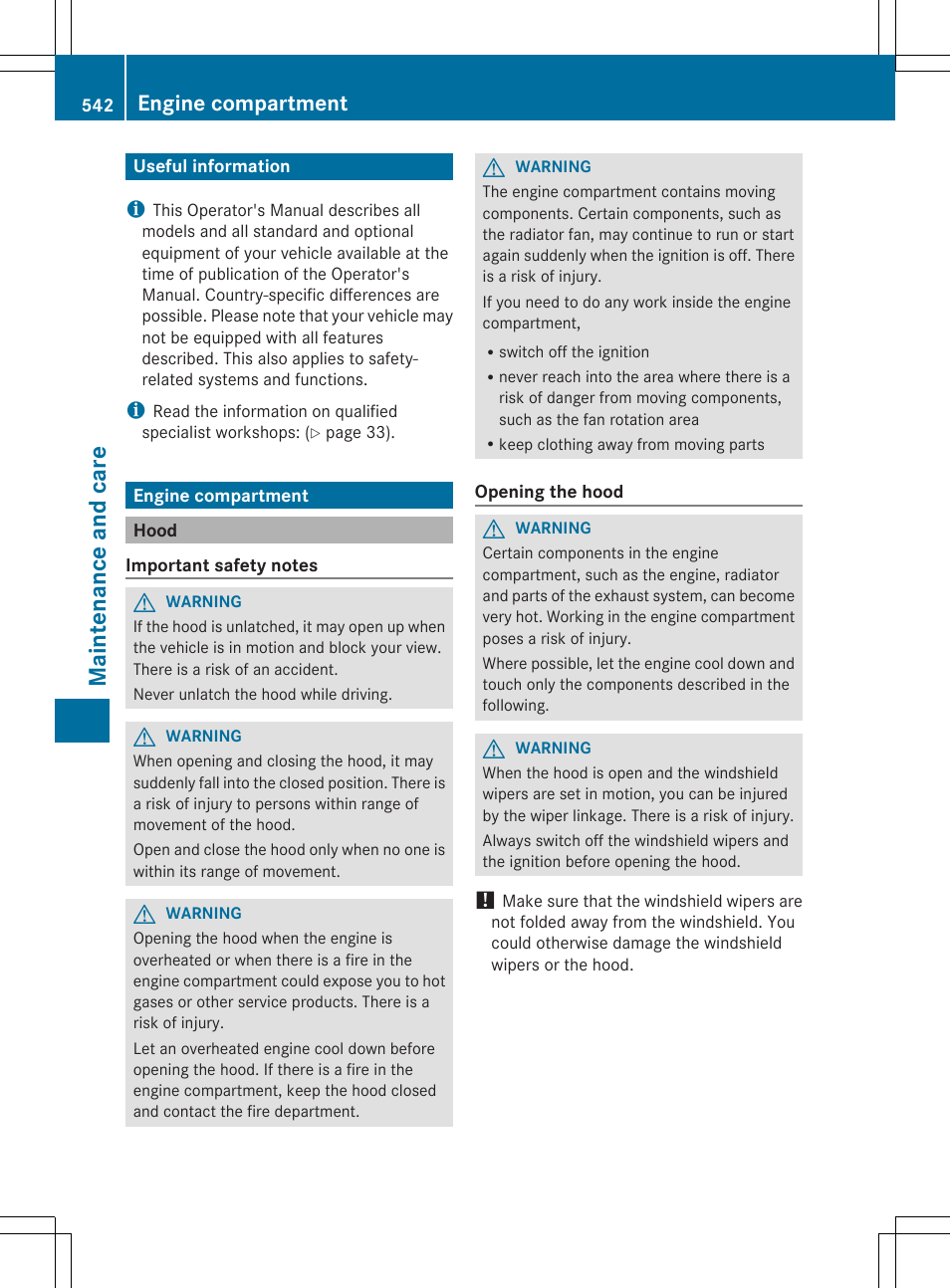Maint enance and care, Engine compartment | Mercedes-Benz SL-Class 2014 Owners Manual User Manual | Page 544 / 618