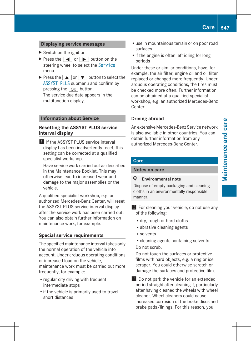 Ma int ena nce an d car e, Care | Mercedes-Benz SL-Class 2014 Owners Manual User Manual | Page 549 / 618