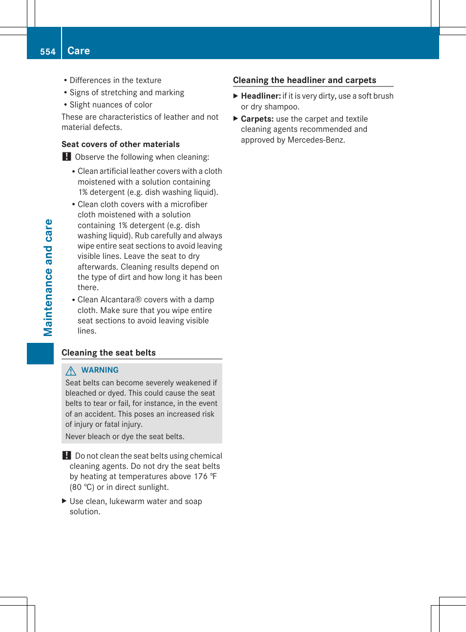 Mai nte nan ce and ca re, Care | Mercedes-Benz SL-Class 2014 Owners Manual User Manual | Page 556 / 618
