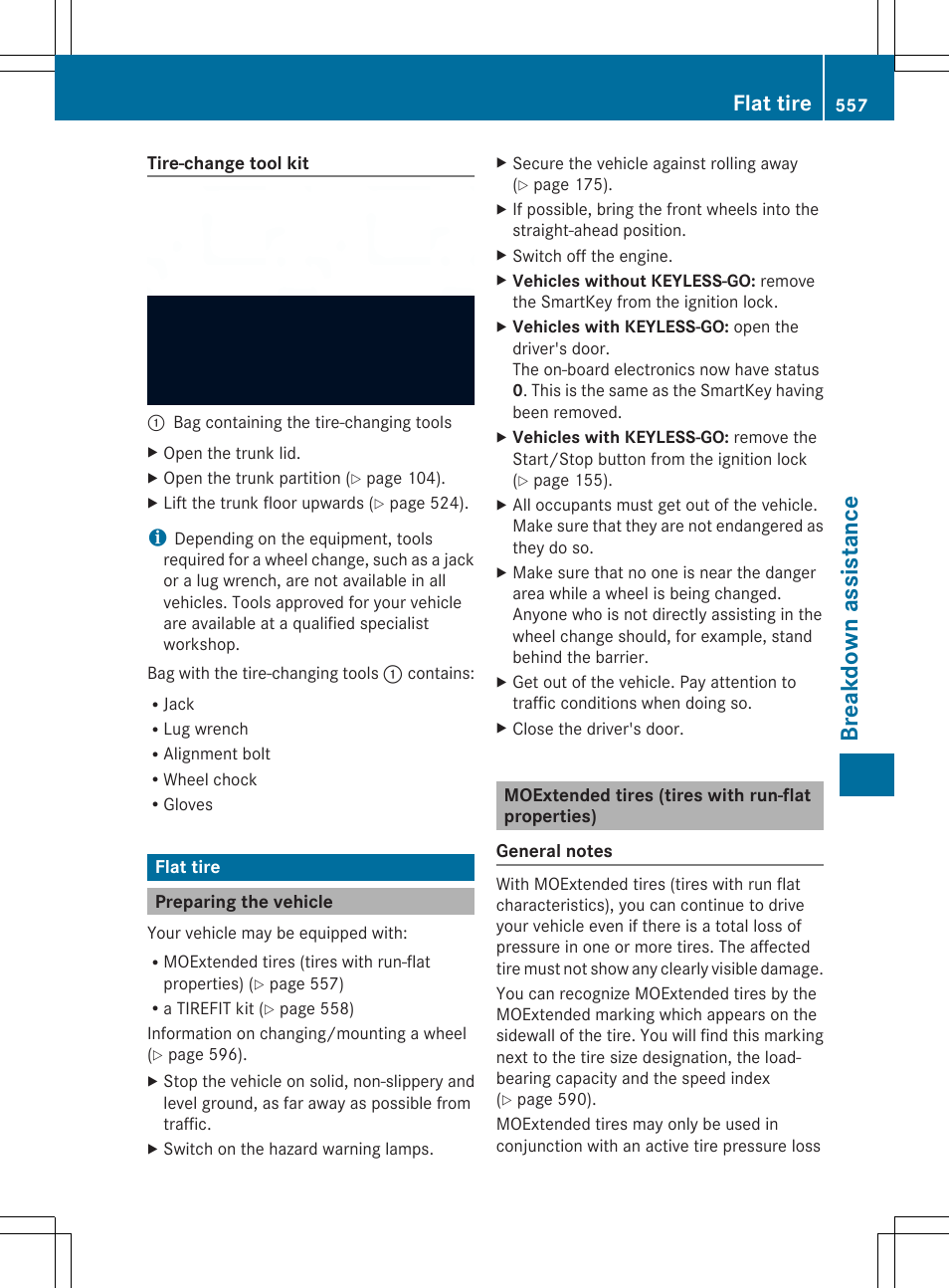 Break dow n ass is tanc e, Flat tire | Mercedes-Benz SL-Class 2014 Owners Manual User Manual | Page 559 / 618