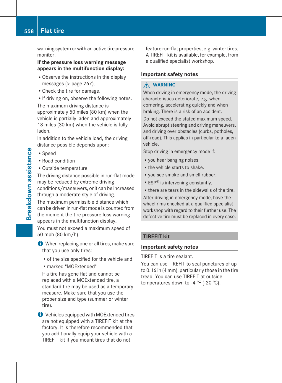 Br eak down assis ta nce, Flat tire | Mercedes-Benz SL-Class 2014 Owners Manual User Manual | Page 560 / 618