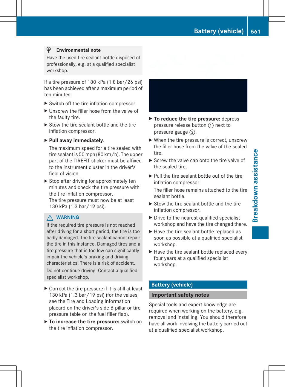 Breakdow n assi stanc e, Battery (vehicle) | Mercedes-Benz SL-Class 2014 Owners Manual User Manual | Page 563 / 618