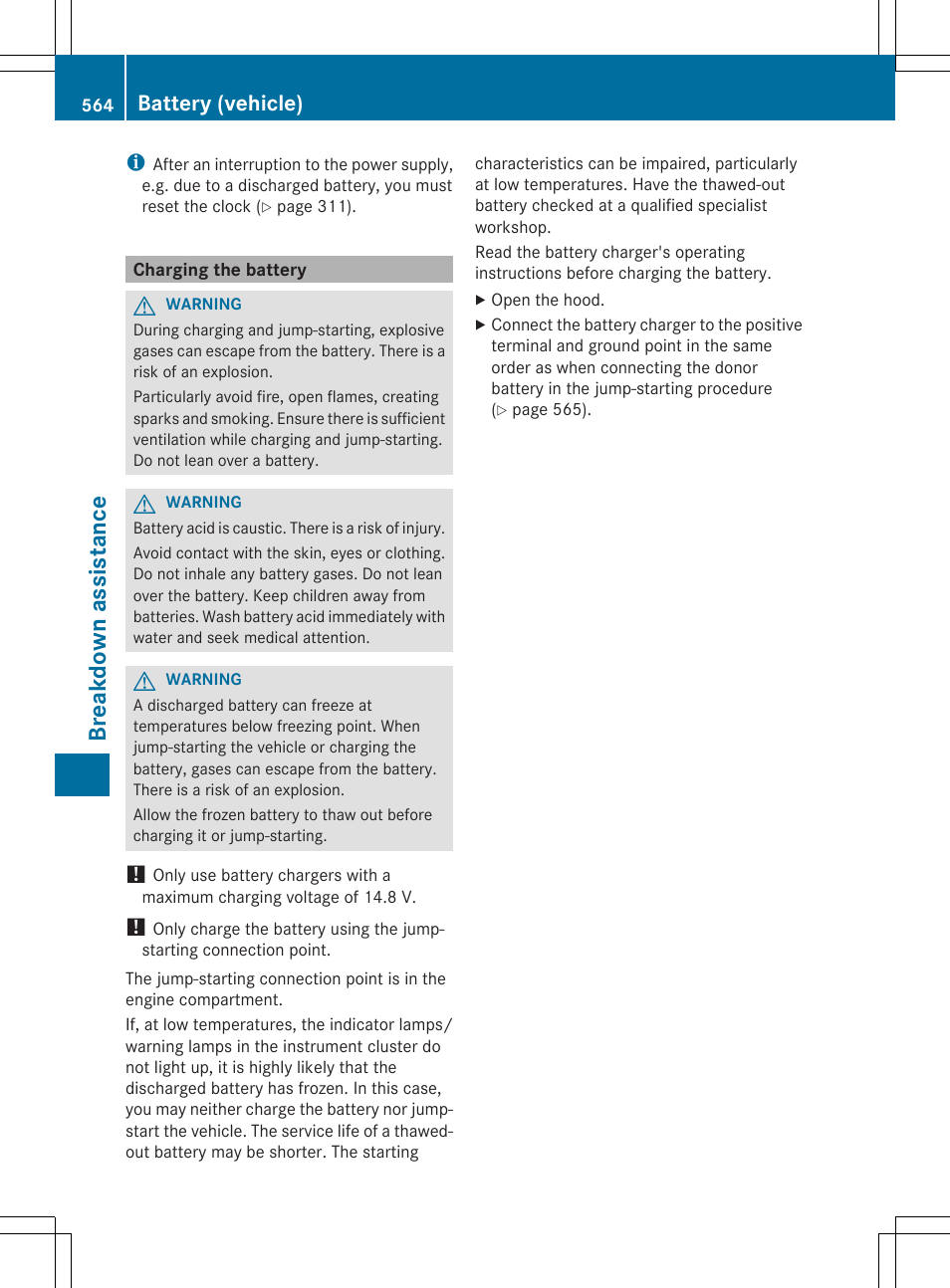 Breakdo wn as sis tan ce, Battery (vehicle) | Mercedes-Benz SL-Class 2014 Owners Manual User Manual | Page 566 / 618