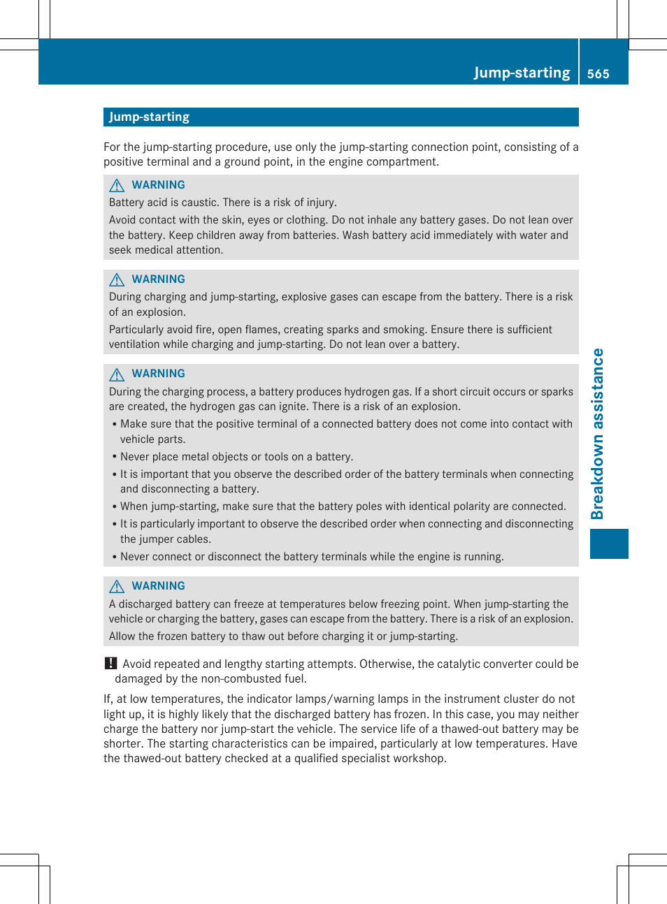Breakdown assistance, Jump-starting | Mercedes-Benz SL-Class 2014 Owners Manual User Manual | Page 567 / 618