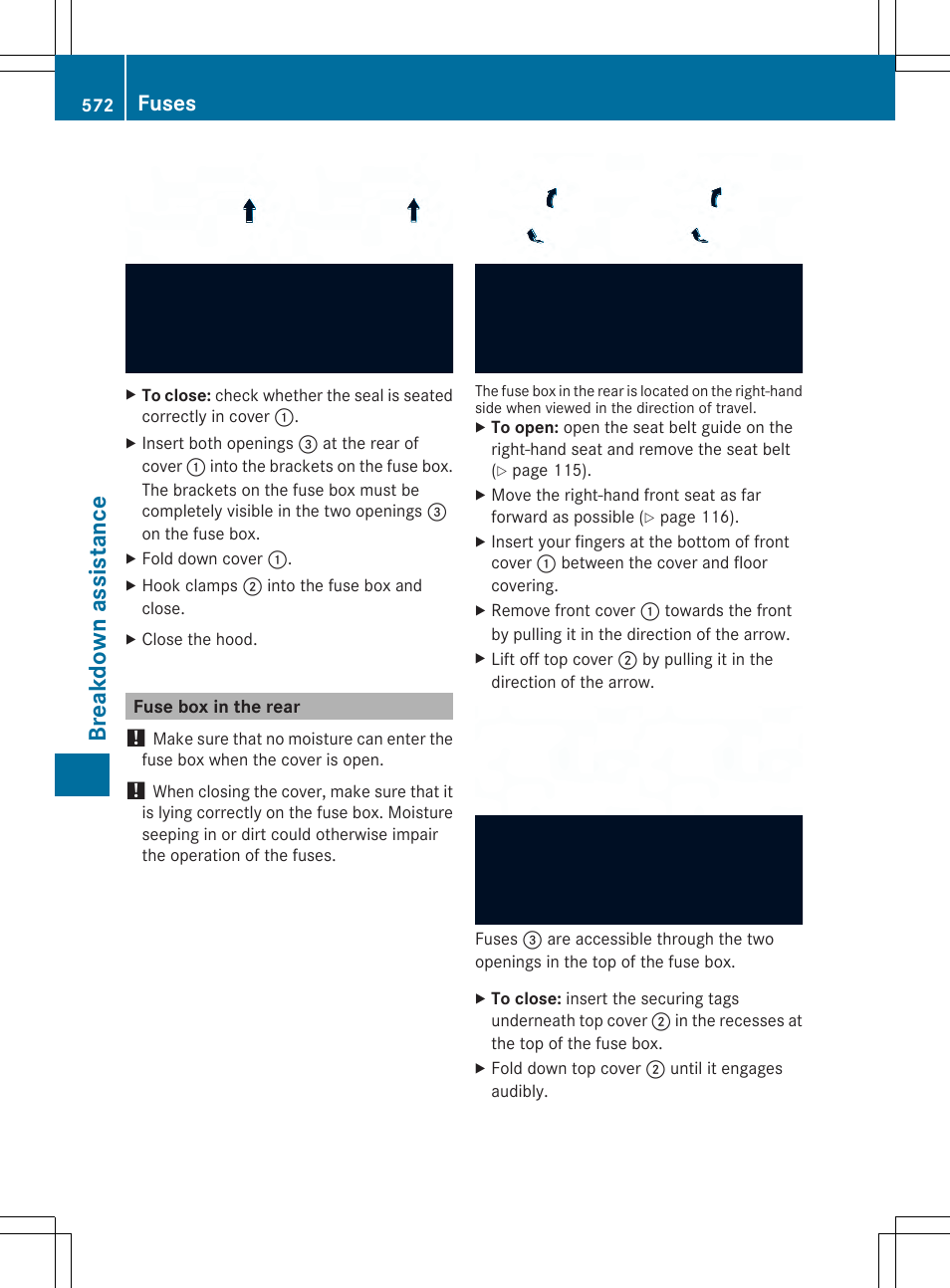 Breakdo wn as sis tan ce, Fuses | Mercedes-Benz SL-Class 2014 Owners Manual User Manual | Page 574 / 618