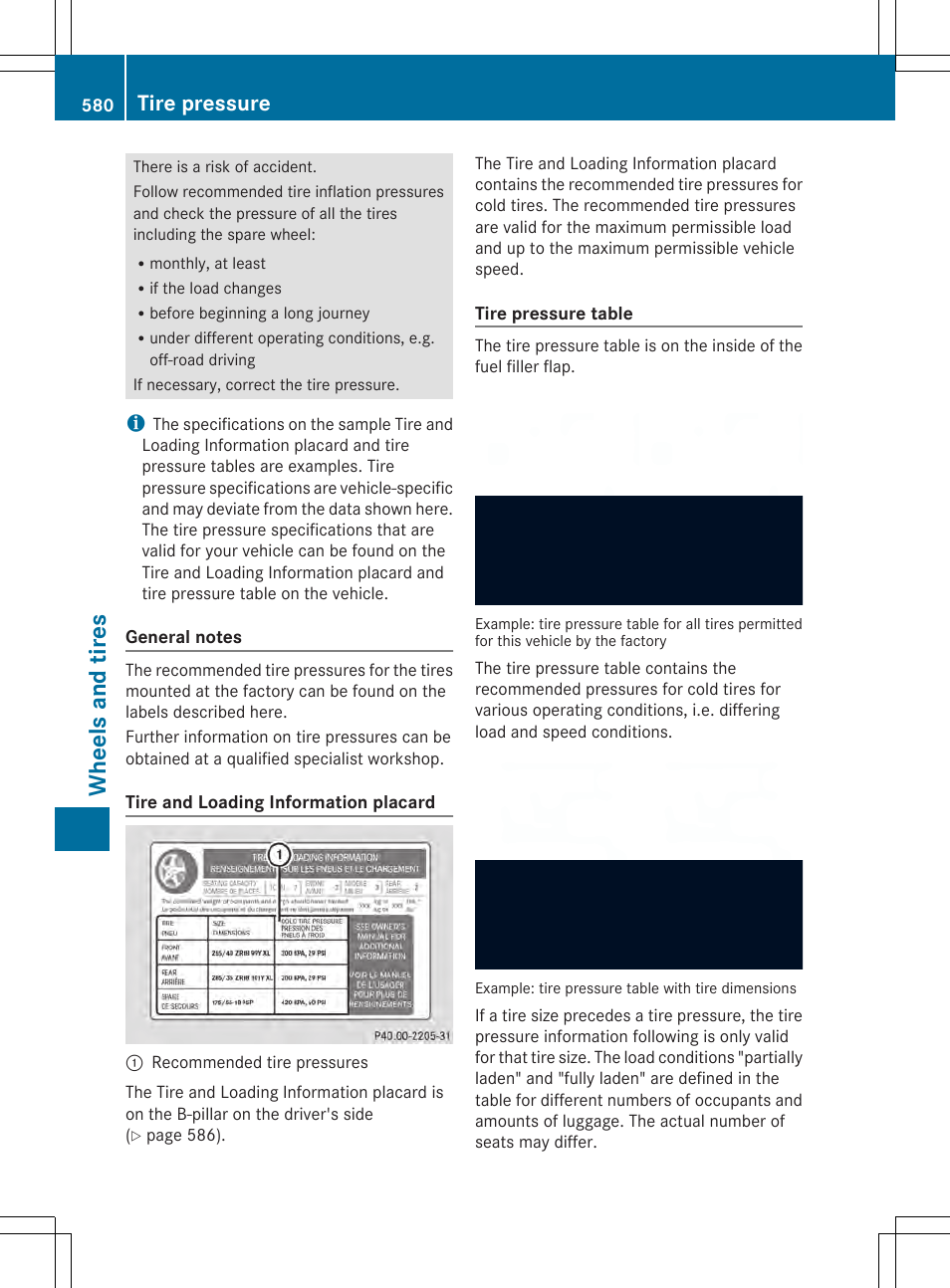 Wheels and tires, Tire pressure | Mercedes-Benz SL-Class 2014 Owners Manual User Manual | Page 582 / 618