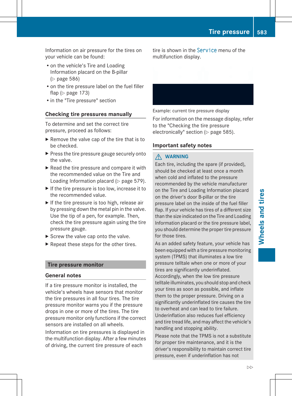 Wheels and tires, Tire pressure | Mercedes-Benz SL-Class 2014 Owners Manual User Manual | Page 585 / 618