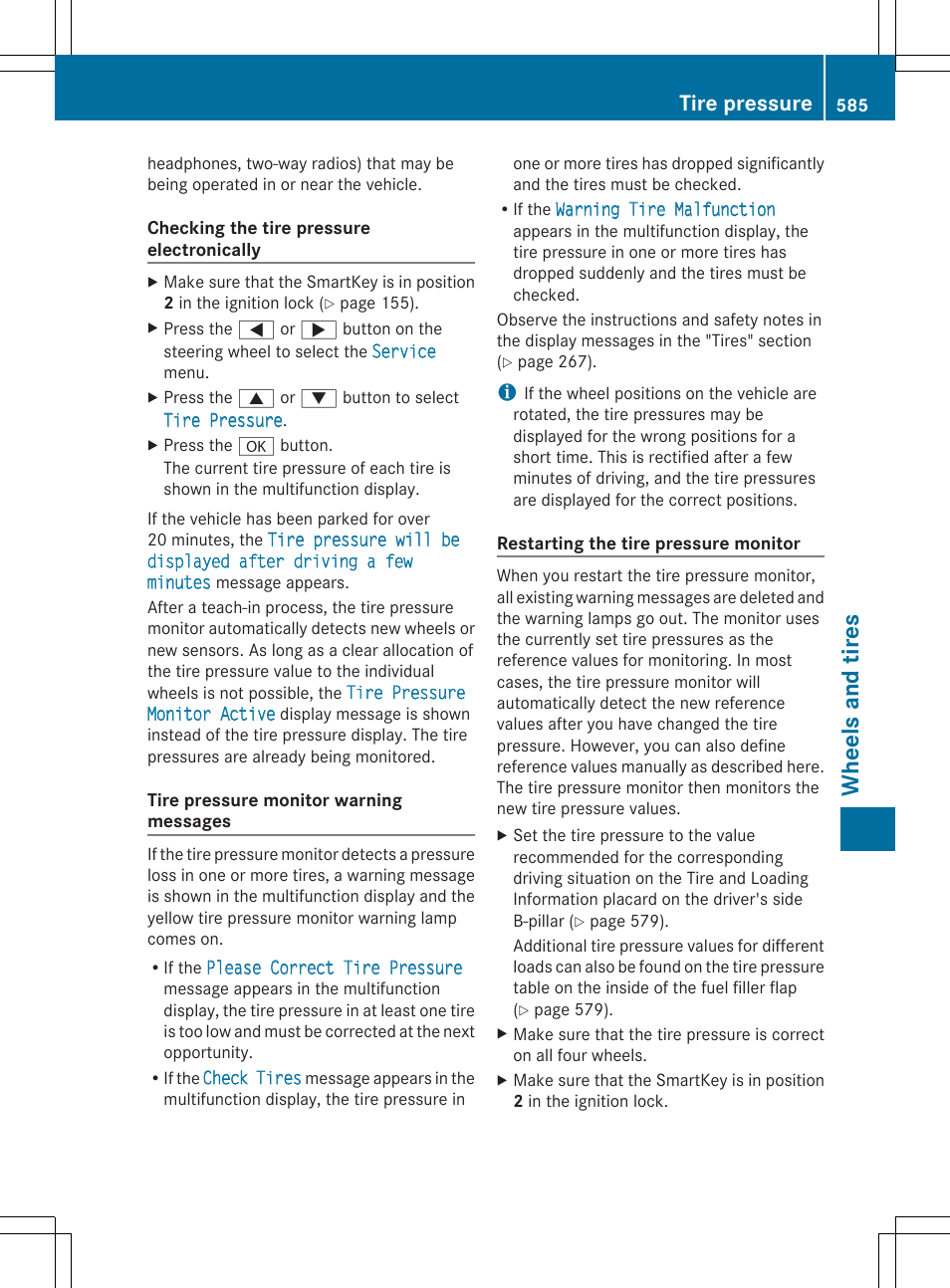 Wheels and tires, Tire pressure | Mercedes-Benz SL-Class 2014 Owners Manual User Manual | Page 587 / 618