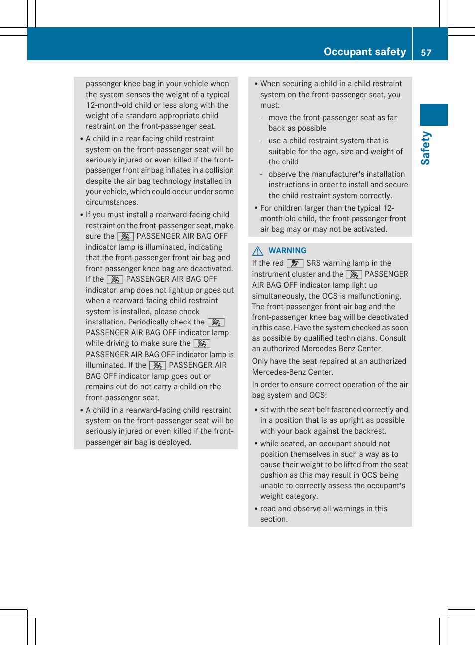 Safet y, Occupant safety | Mercedes-Benz SL-Class 2014 Owners Manual User Manual | Page 59 / 618