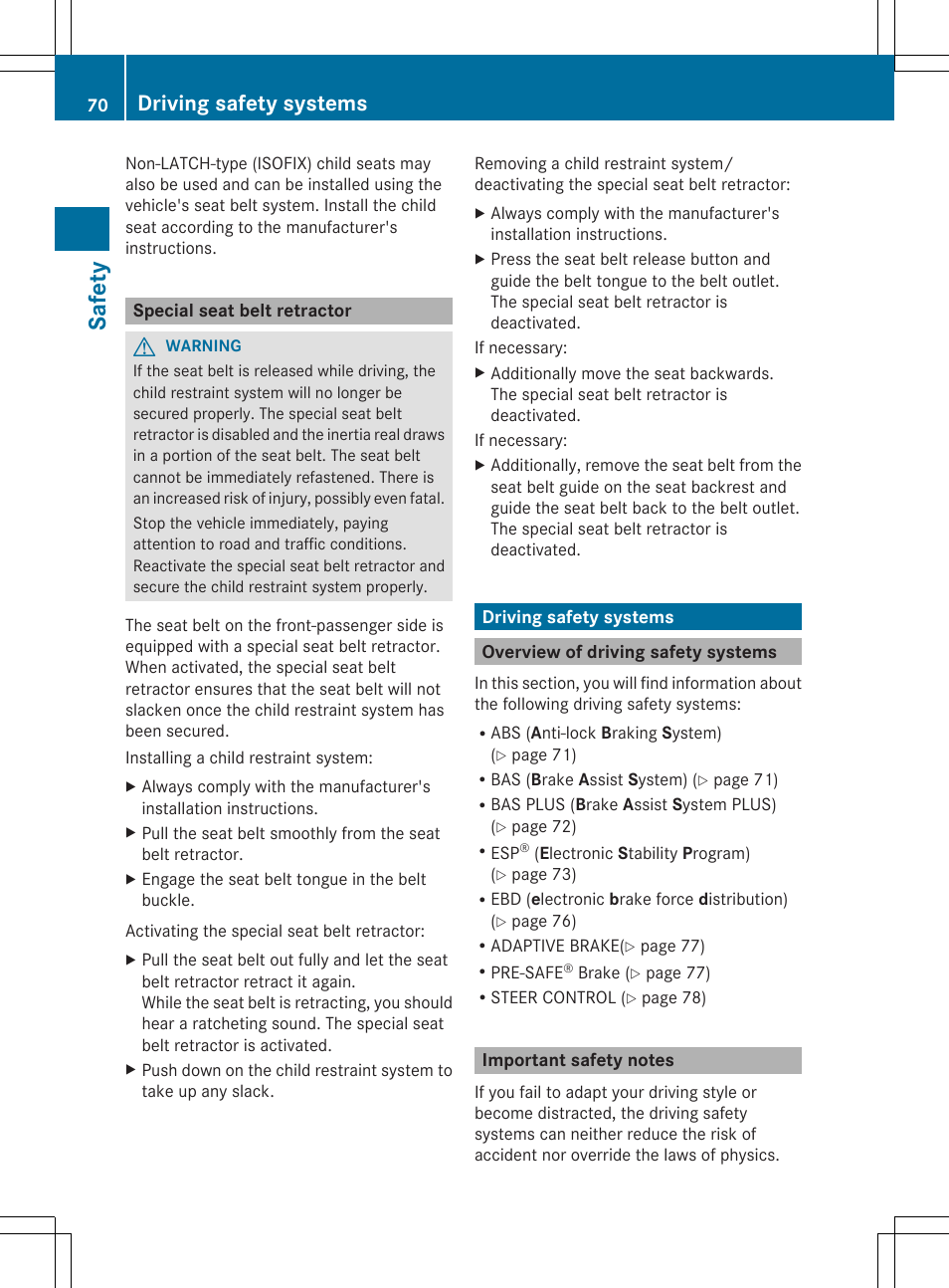 Safety, Driving safety systems | Mercedes-Benz SL-Class 2014 Owners Manual User Manual | Page 72 / 618