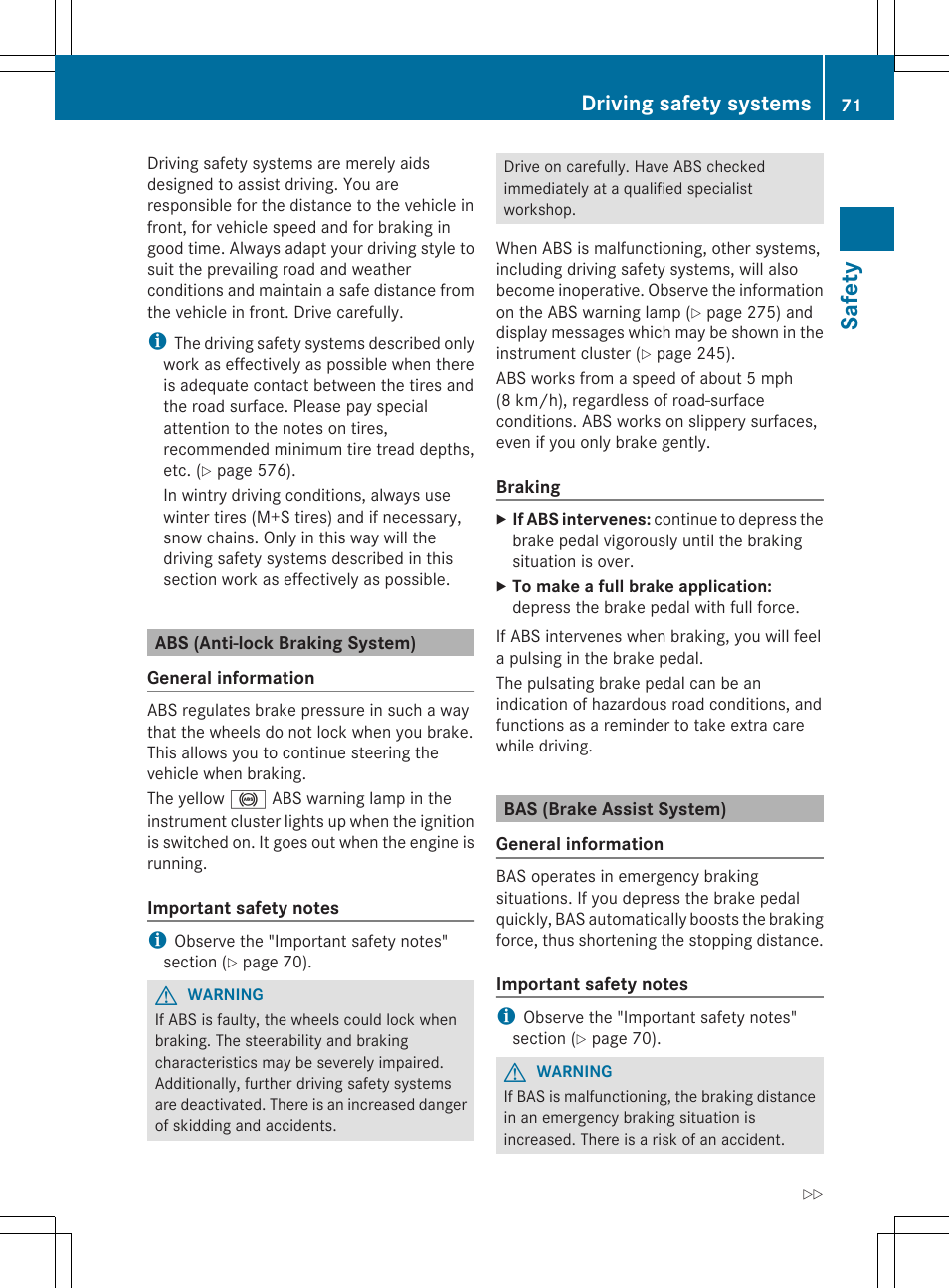 Sa fet y, Driving safety systems | Mercedes-Benz SL-Class 2014 Owners Manual User Manual | Page 73 / 618