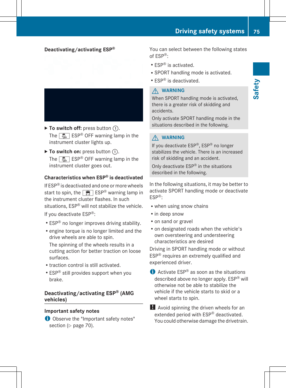 Saf et y, Driving safety systems | Mercedes-Benz SL-Class 2014 Owners Manual User Manual | Page 77 / 618