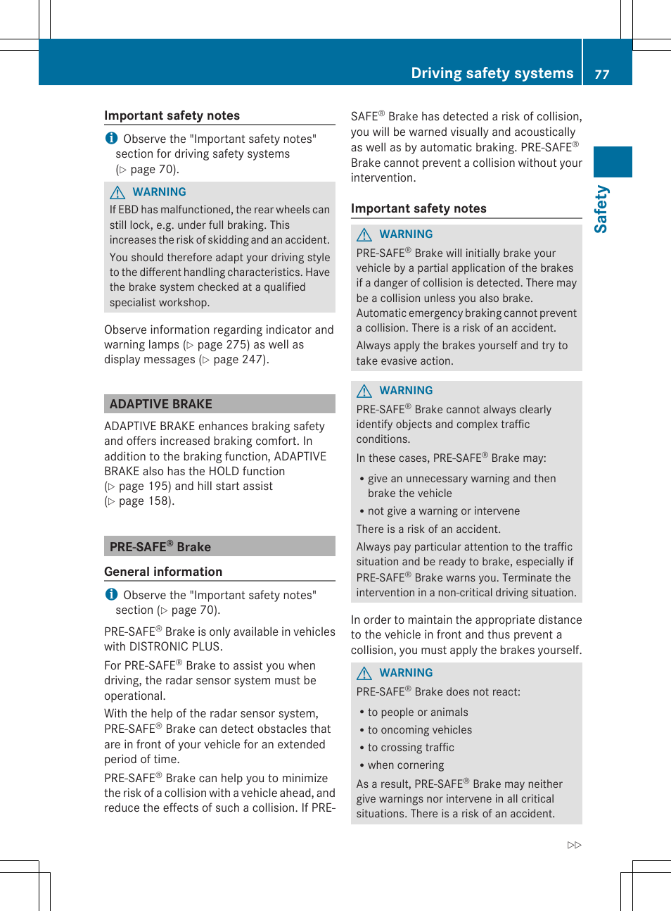 Sa fet y, Driving safety systems | Mercedes-Benz SL-Class 2014 Owners Manual User Manual | Page 79 / 618