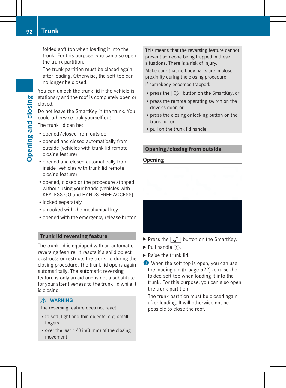 Open ing and closing, Trunk | Mercedes-Benz SL-Class 2014 Owners Manual User Manual | Page 94 / 618