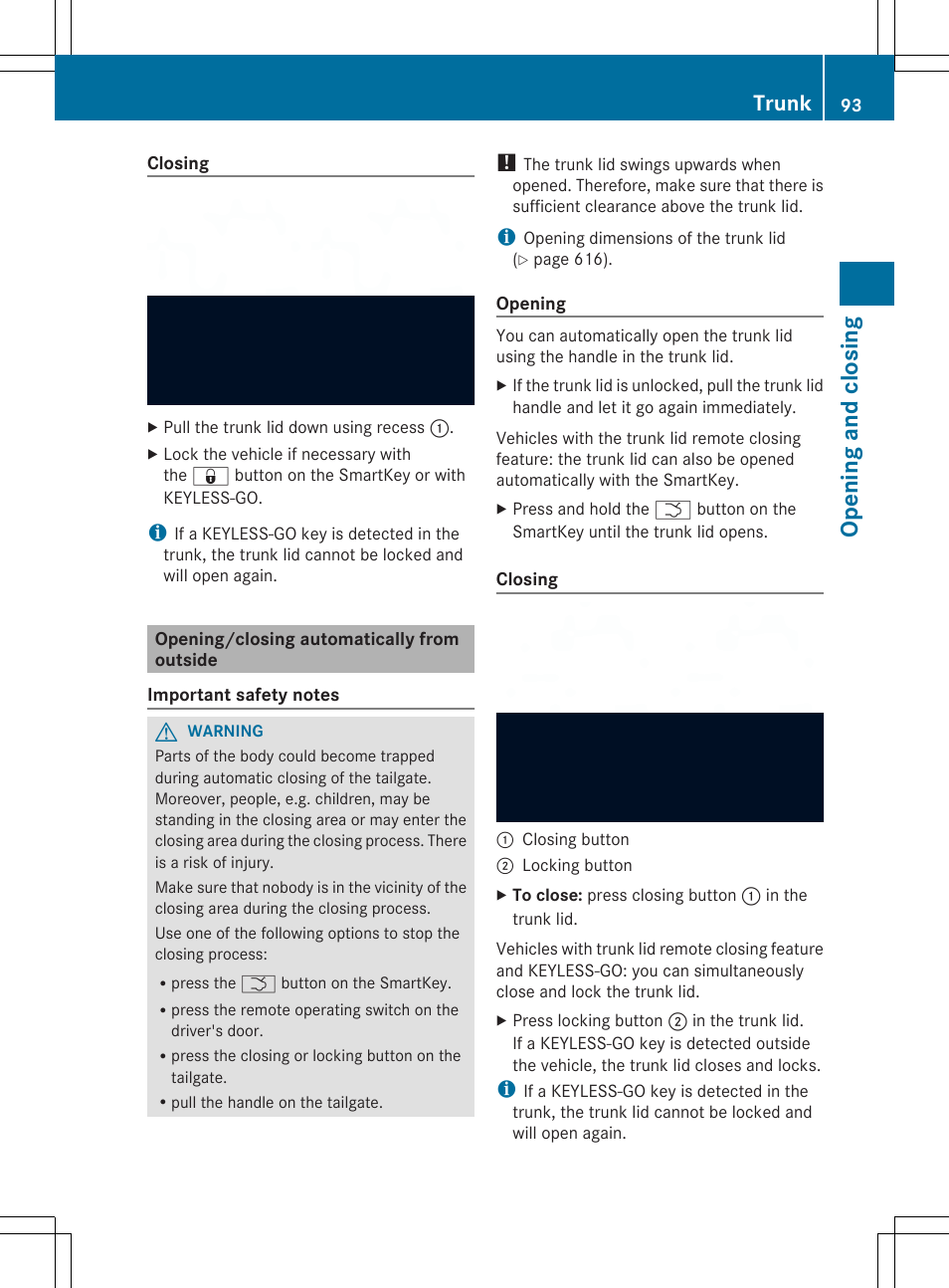 Op ening and closing, Trunk | Mercedes-Benz SL-Class 2014 Owners Manual User Manual | Page 95 / 618