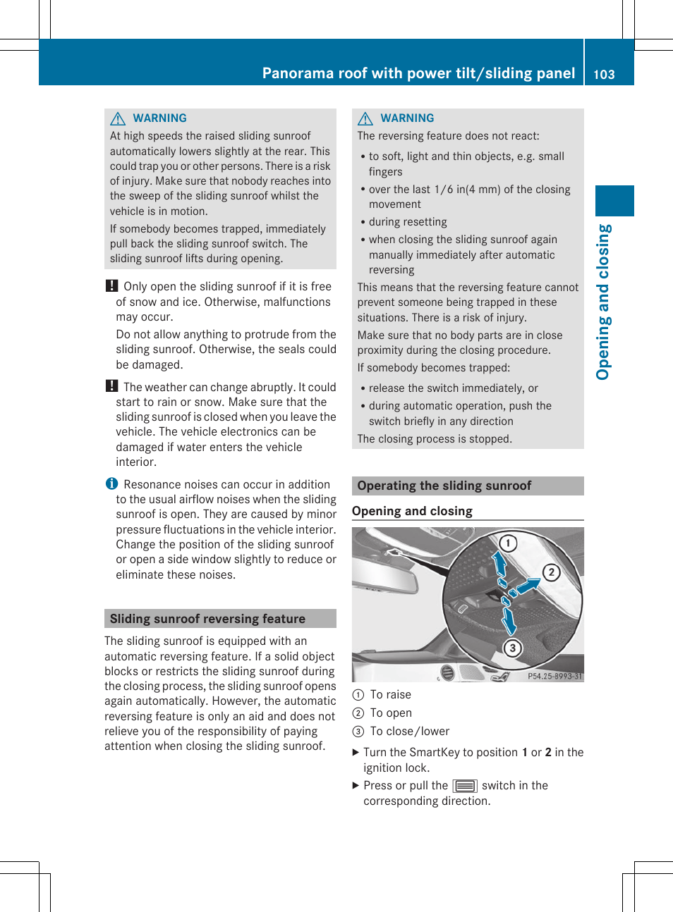 Openi ng and closing, Panorama roof with power tilt/sliding panel | Mercedes-Benz S-Class 2014 Owners Manual User Manual | Page 105 / 434