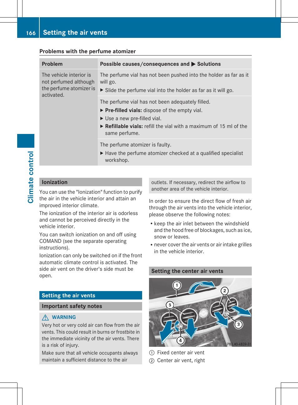 Climate control, Setting the air vents | Mercedes-Benz S-Class 2014 Owners Manual User Manual | Page 168 / 434