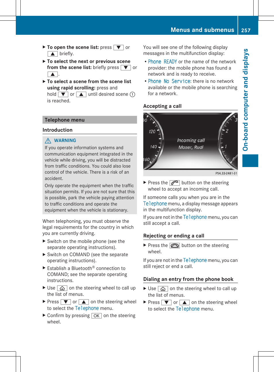On -bo ard co mputer and dis play s, Menus and submenus | Mercedes-Benz S-Class 2014 Owners Manual User Manual | Page 259 / 434