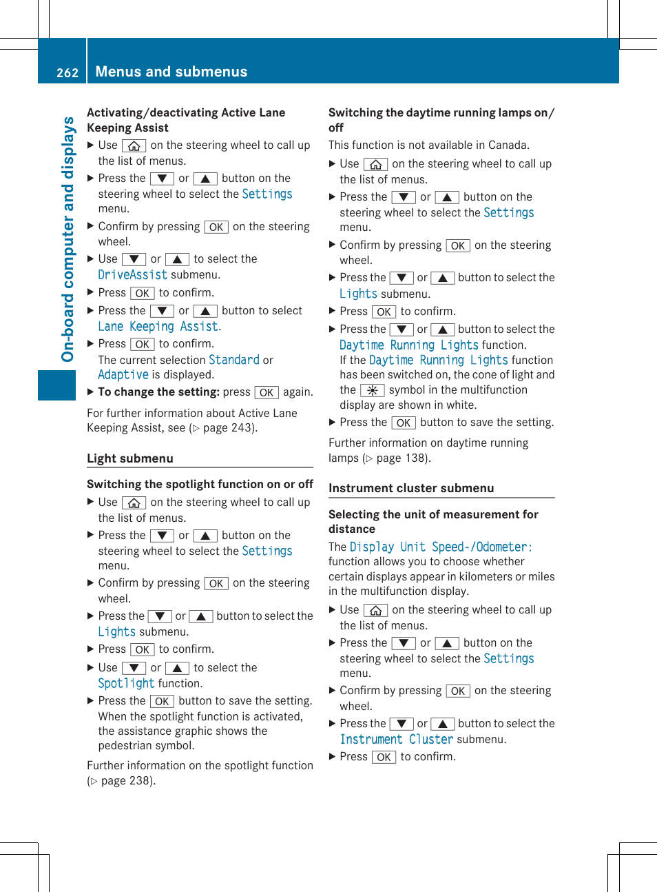 On- boar d comp ut er and dis pla ys, Menus and submenus | Mercedes-Benz S-Class 2014 Owners Manual User Manual | Page 264 / 434
