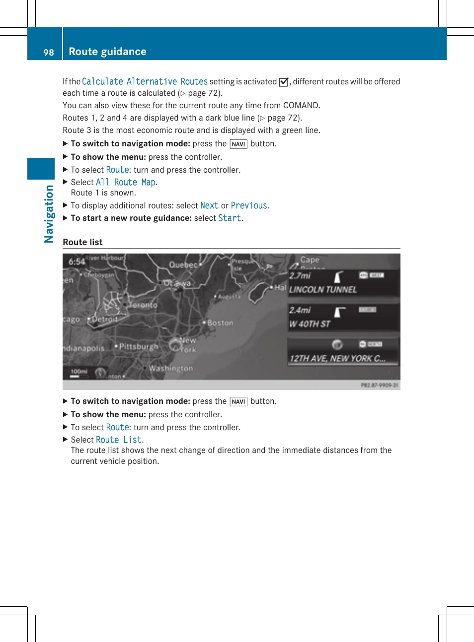 Navigation, Route guidance | Mercedes-Benz S-Class 2014 COMAND Manual User Manual | Page 100 / 278