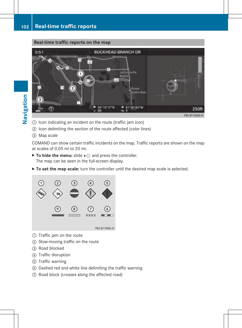 Navig atio n, Real-time traffic reports | Mercedes-Benz S-Class 2014 COMAND Manual User Manual | Page 104 / 278
