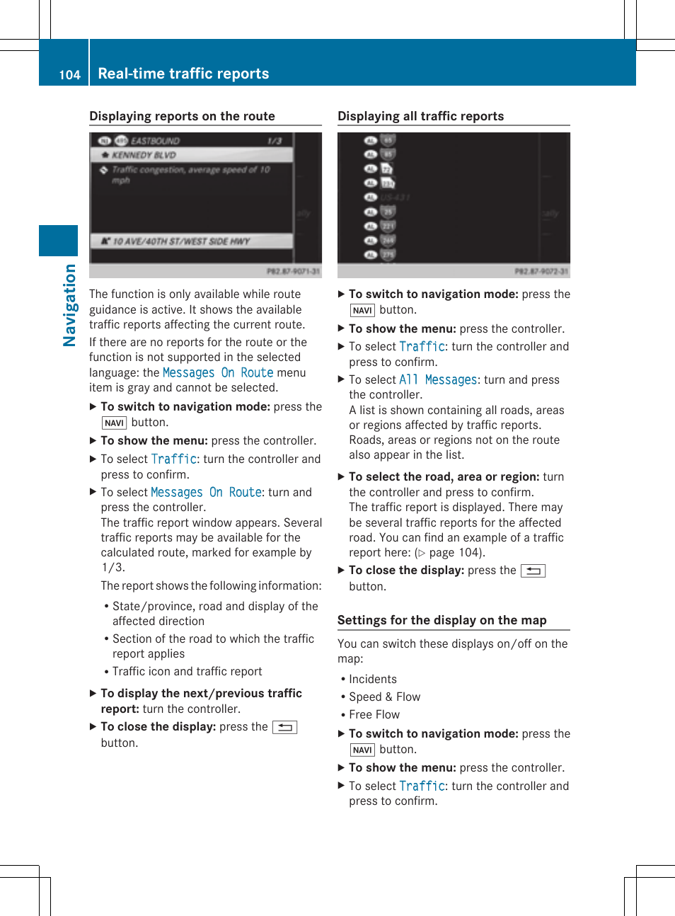 Navi ga tio n, Real-time traffic reports | Mercedes-Benz S-Class 2014 COMAND Manual User Manual | Page 106 / 278