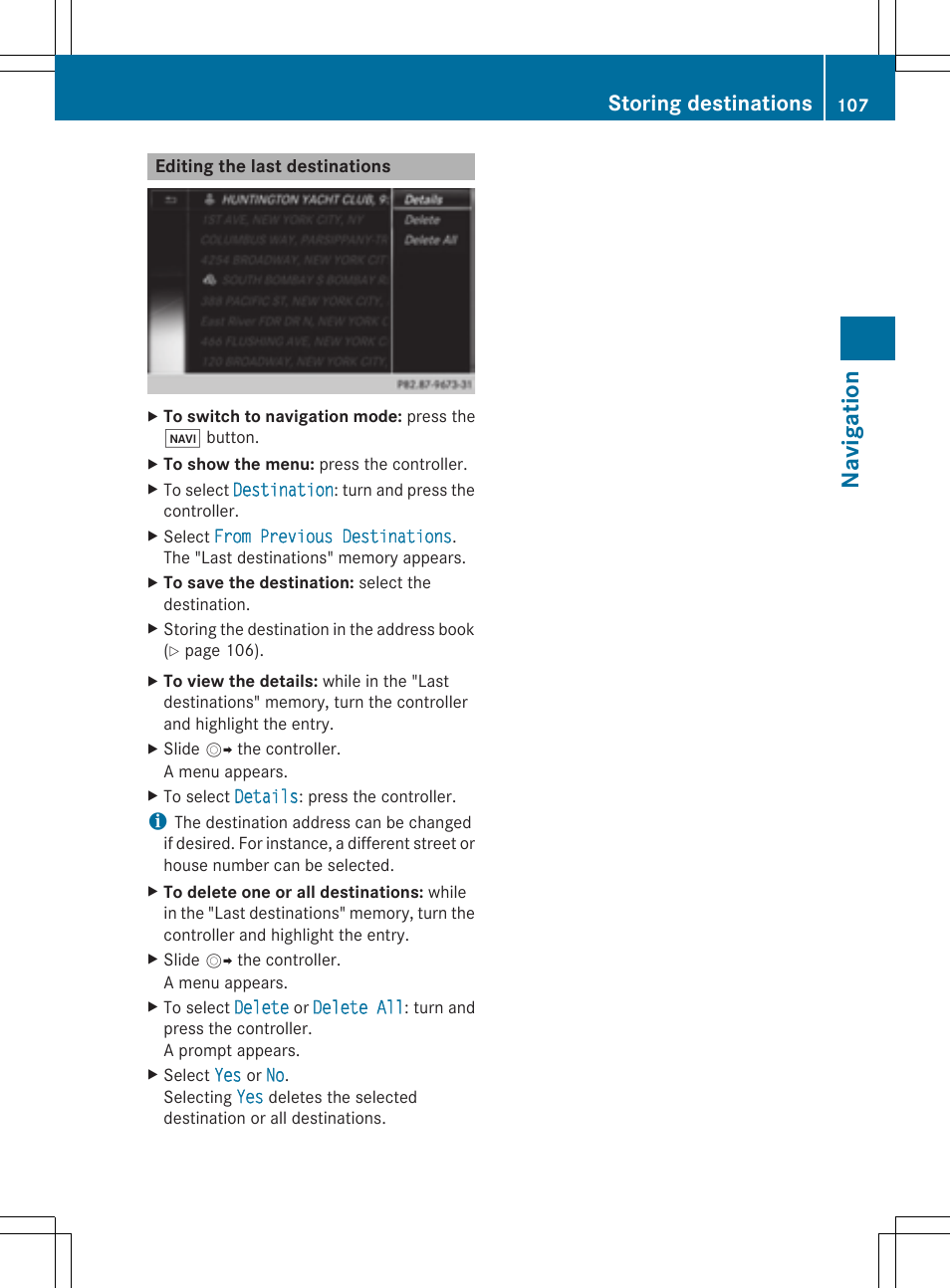 Na viga tion, Storing destinations | Mercedes-Benz S-Class 2014 COMAND Manual User Manual | Page 109 / 278