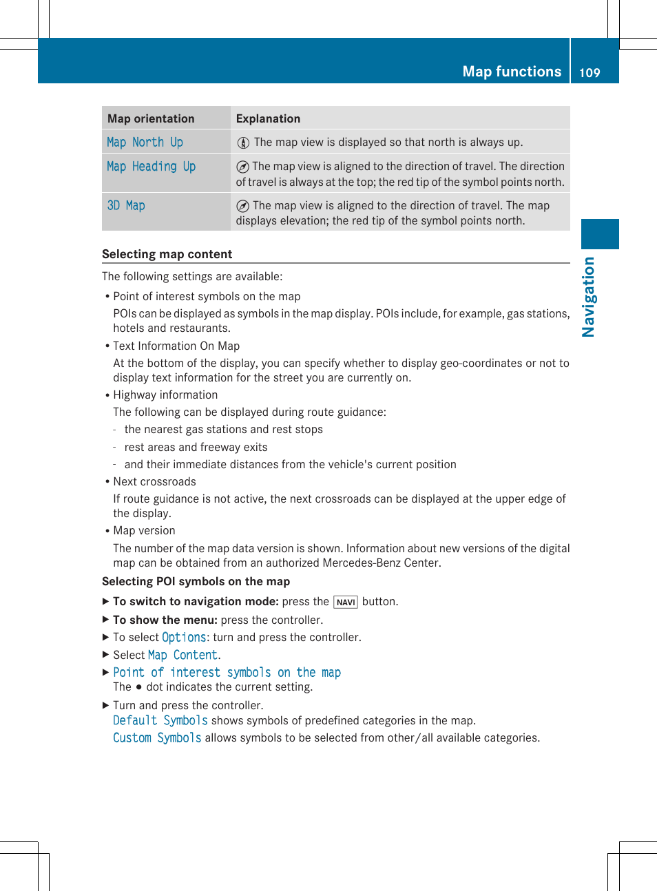 Navigatio n, Map functions | Mercedes-Benz S-Class 2014 COMAND Manual User Manual | Page 111 / 278