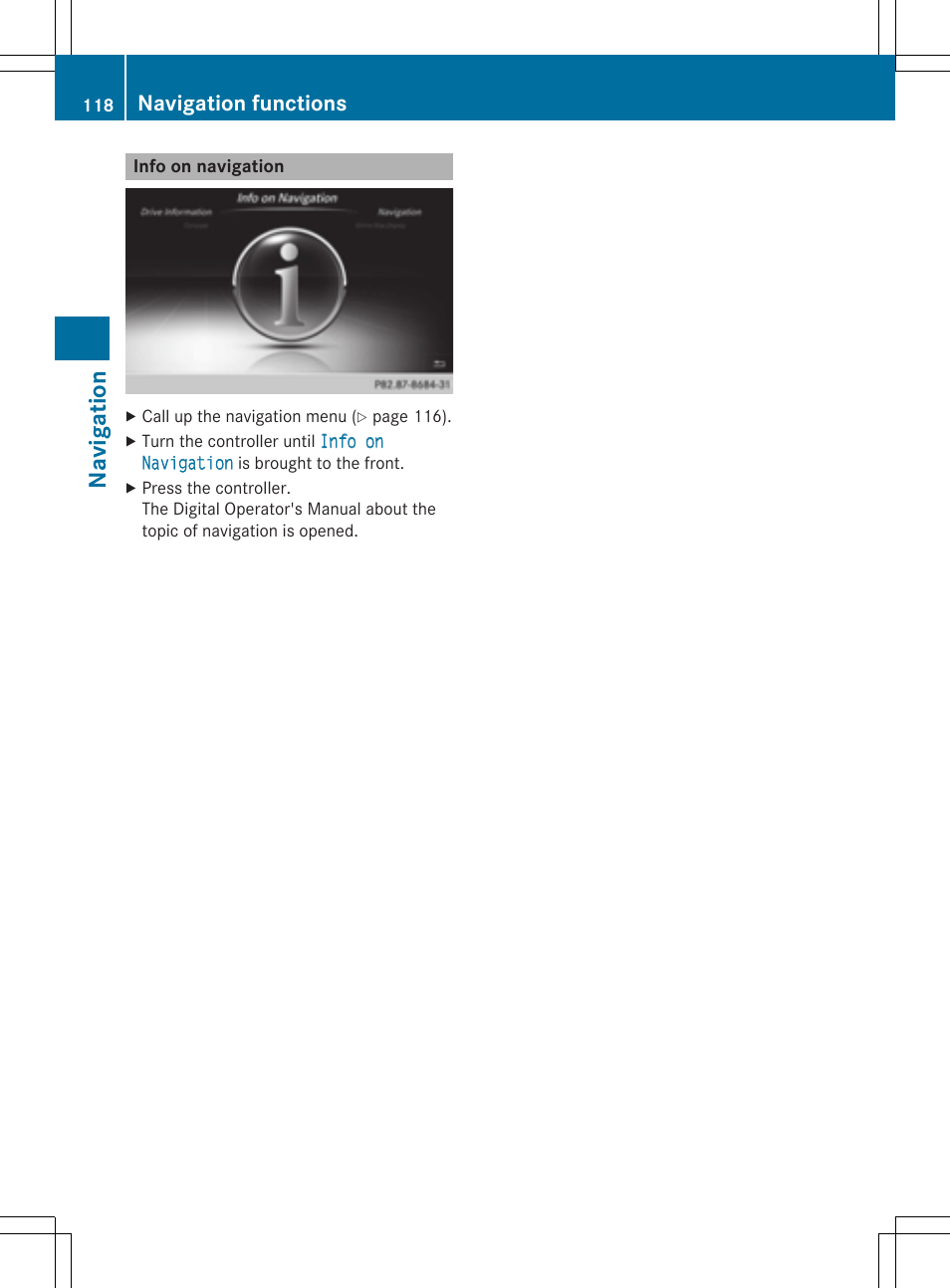 Navi ga tio n, Navigation functions | Mercedes-Benz S-Class 2014 COMAND Manual User Manual | Page 120 / 278