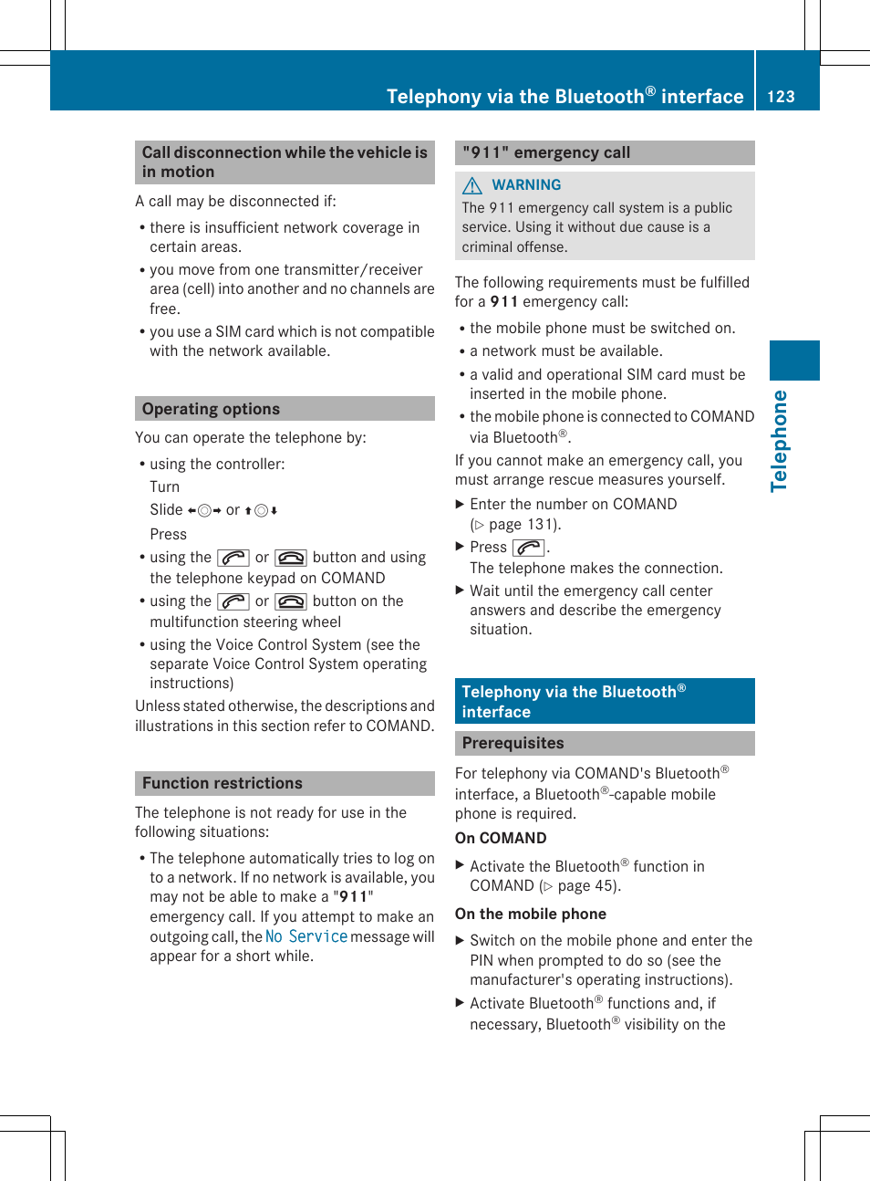 Telep hone, Telephony via the bluetooth, Interface | Mercedes-Benz S-Class 2014 COMAND Manual User Manual | Page 125 / 278