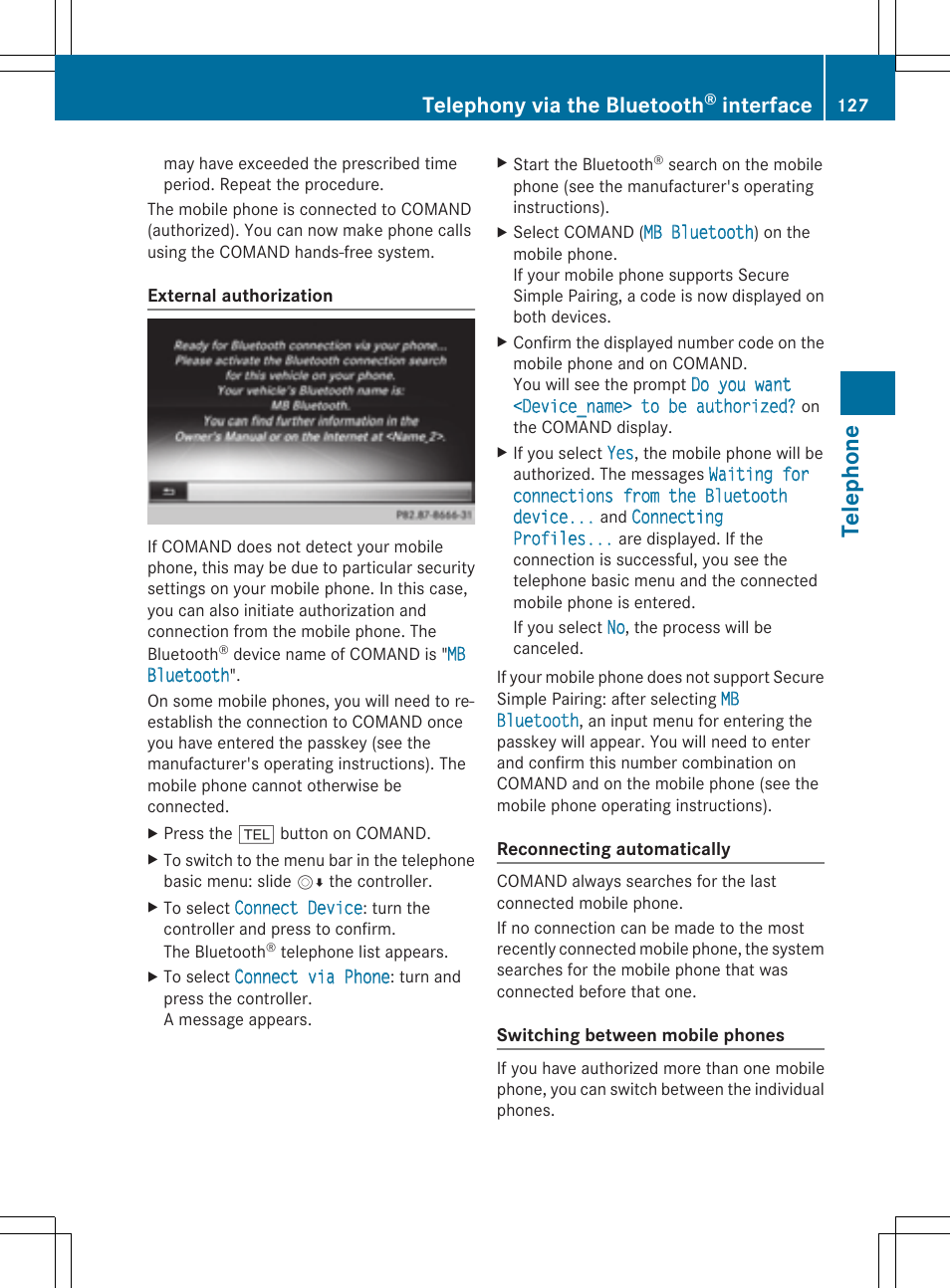 Telephone, Telephony via the bluetooth, Interface | Mercedes-Benz S-Class 2014 COMAND Manual User Manual | Page 129 / 278