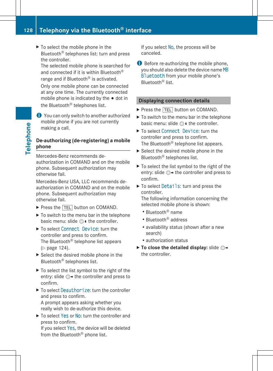 Telephone, Telephony via the bluetooth, Interface | Mercedes-Benz S-Class 2014 COMAND Manual User Manual | Page 130 / 278