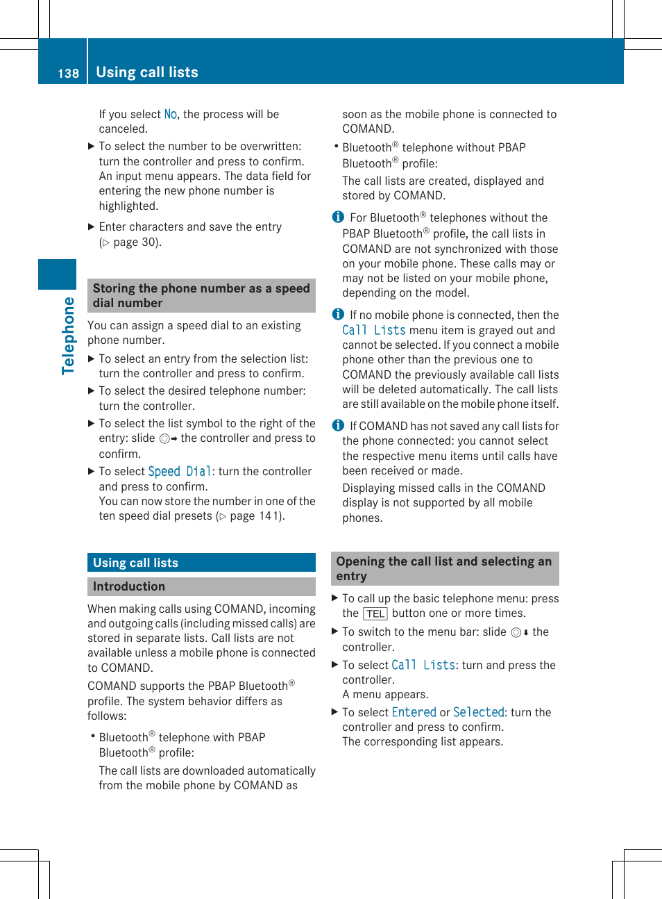 Telephone, Using call lists | Mercedes-Benz S-Class 2014 COMAND Manual User Manual | Page 140 / 278