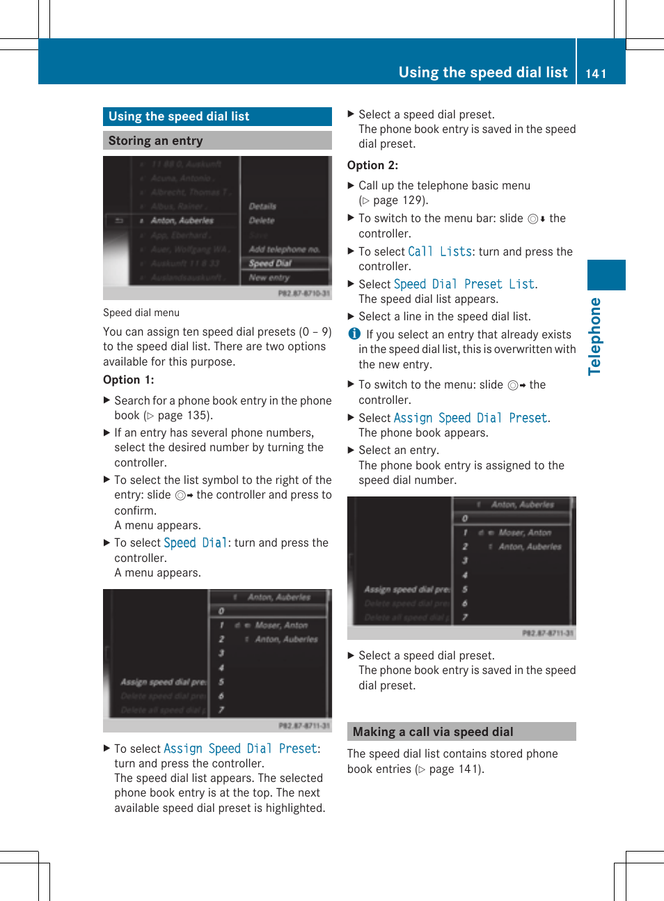 Teleph one, Using the speed dial list | Mercedes-Benz S-Class 2014 COMAND Manual User Manual | Page 143 / 278
