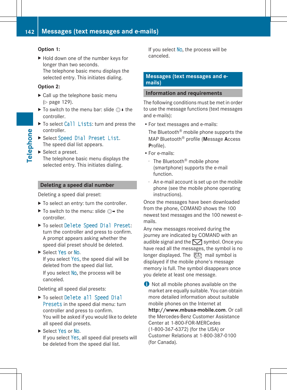 Teleph one, Messages (text messages and e-mails) | Mercedes-Benz S-Class 2014 COMAND Manual User Manual | Page 144 / 278
