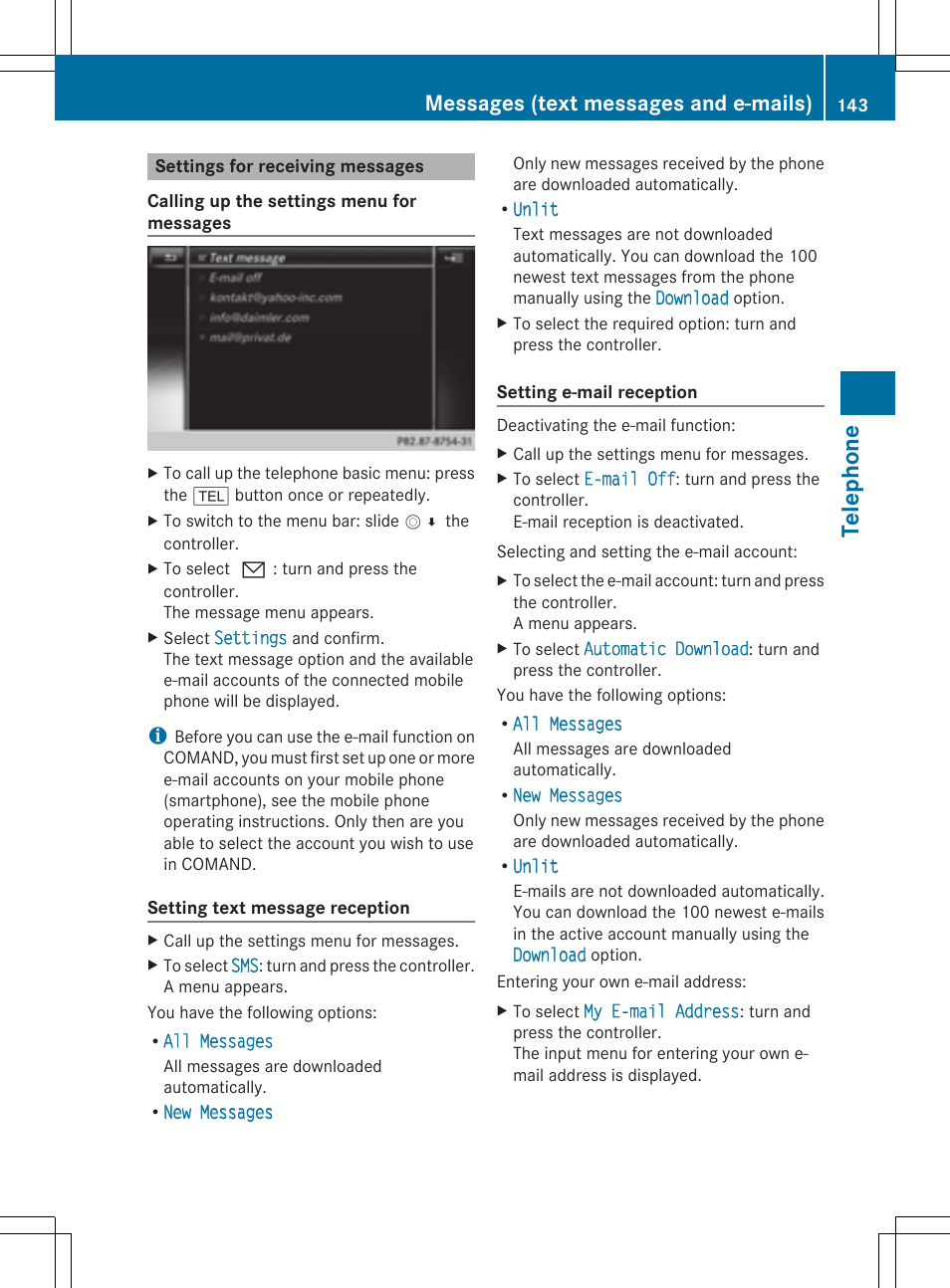 Telephone, Messages (text messages and e-mails) | Mercedes-Benz S-Class 2014 COMAND Manual User Manual | Page 145 / 278