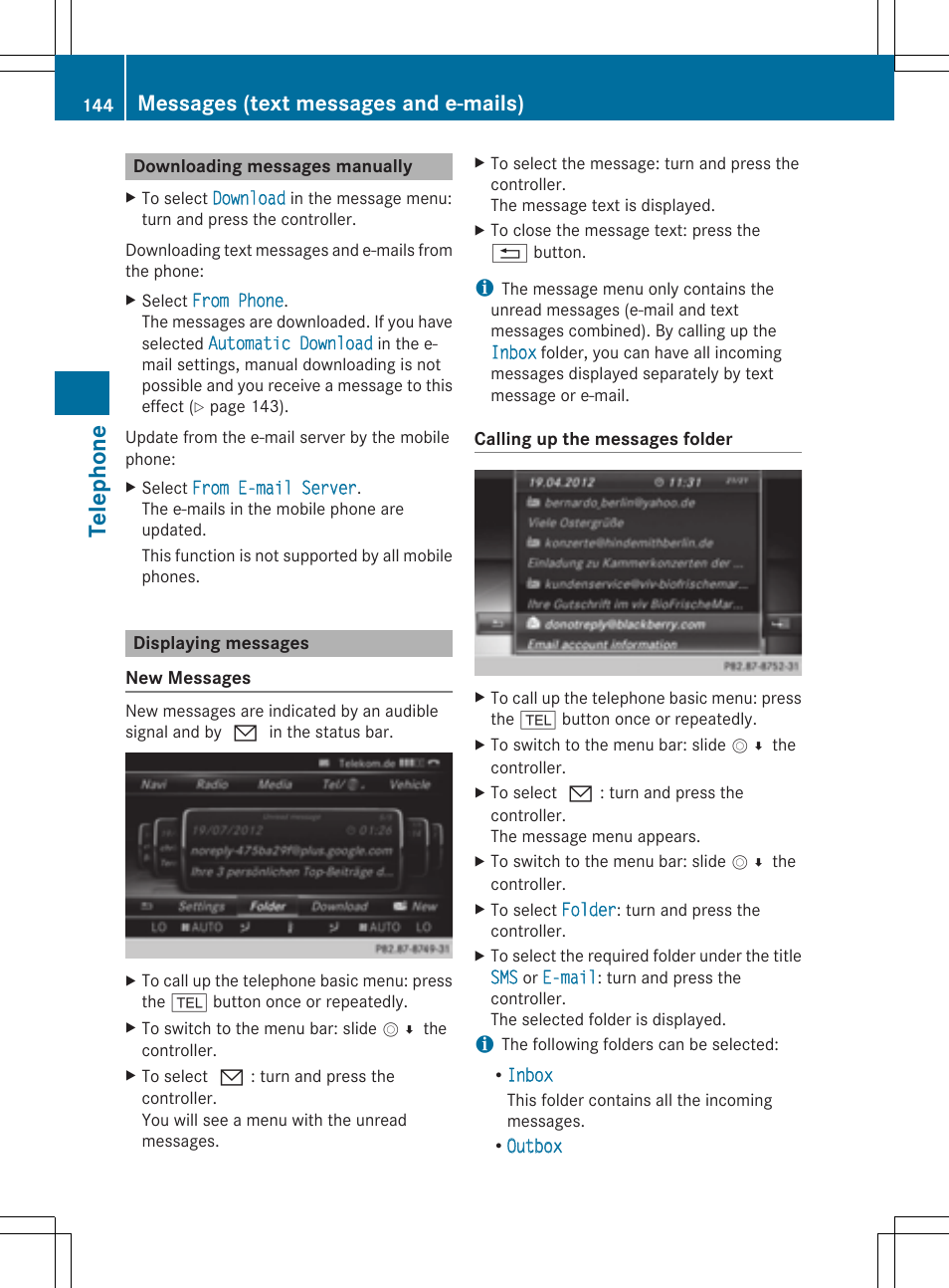 Te le pho ne, Messages (text messages and e-mails) | Mercedes-Benz S-Class 2014 COMAND Manual User Manual | Page 146 / 278