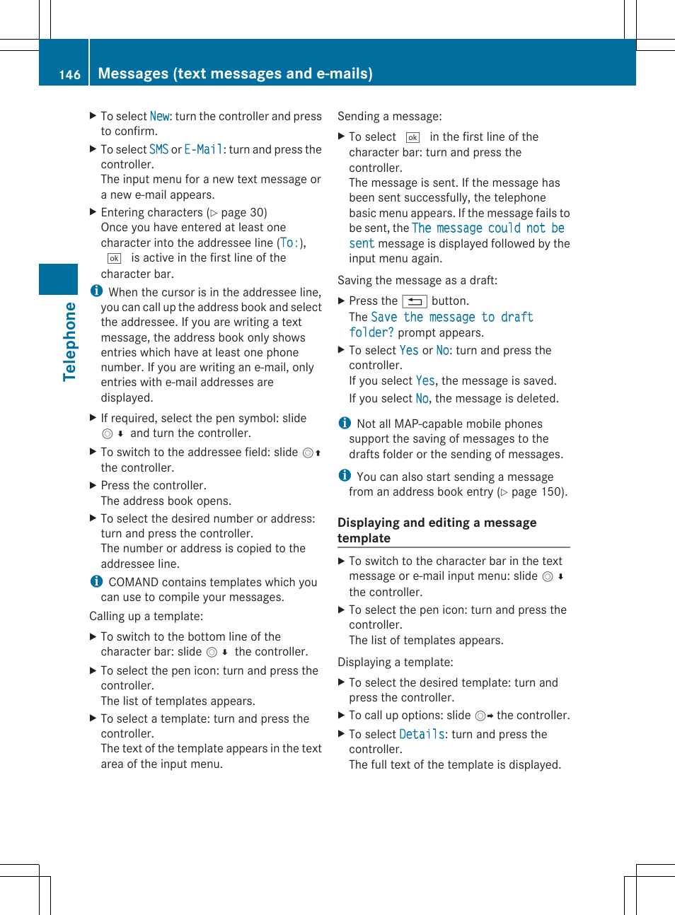 Telephone, Messages (text messages and e-mails) | Mercedes-Benz S-Class 2014 COMAND Manual User Manual | Page 148 / 278