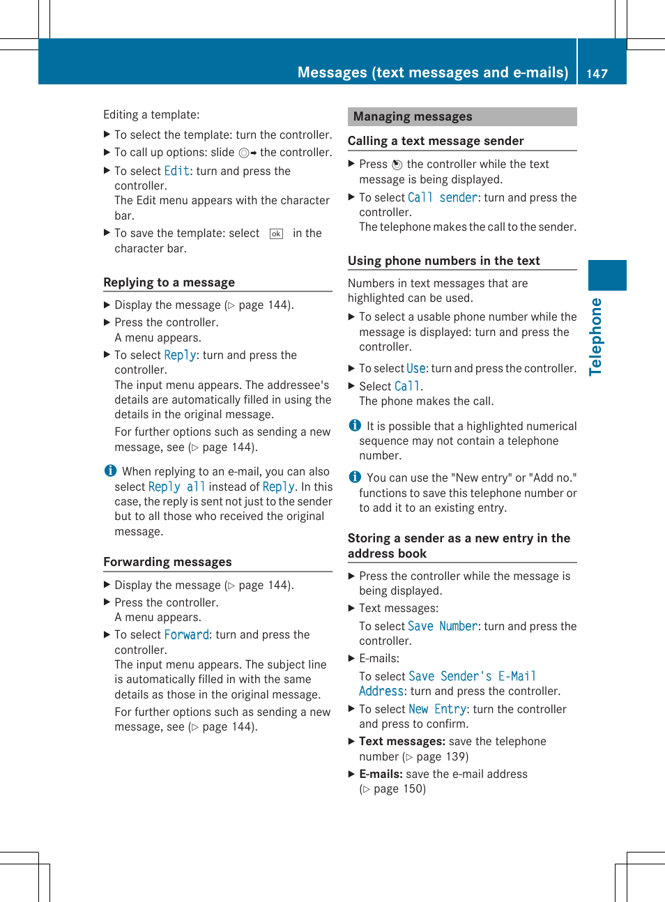 Tel eph on e, Messages (text messages and e-mails) | Mercedes-Benz S-Class 2014 COMAND Manual User Manual | Page 149 / 278