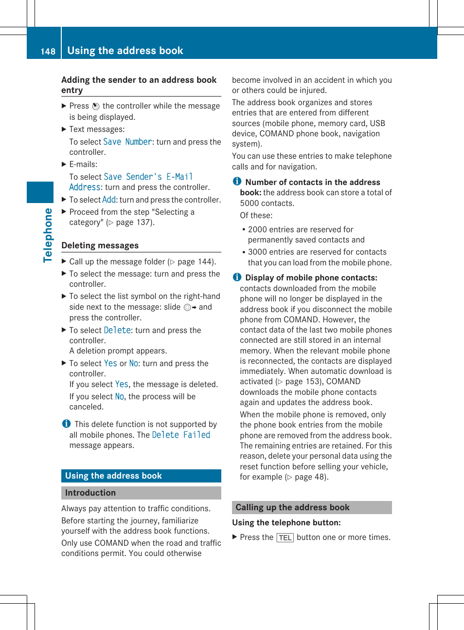 Tel eph one, Using the address book | Mercedes-Benz S-Class 2014 COMAND Manual User Manual | Page 150 / 278