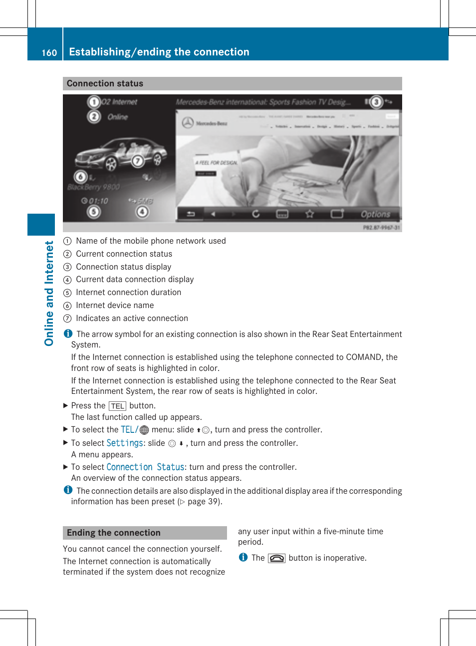 Online and inter net, Establishing/ending the connection | Mercedes-Benz S-Class 2014 COMAND Manual User Manual | Page 162 / 278