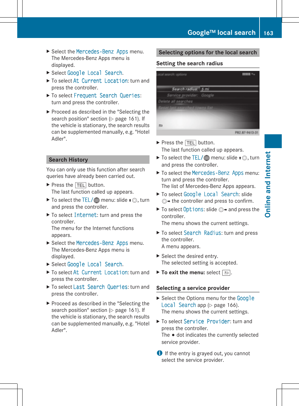 On line and in terne t, Google™ local search | Mercedes-Benz S-Class 2014 COMAND Manual User Manual | Page 165 / 278