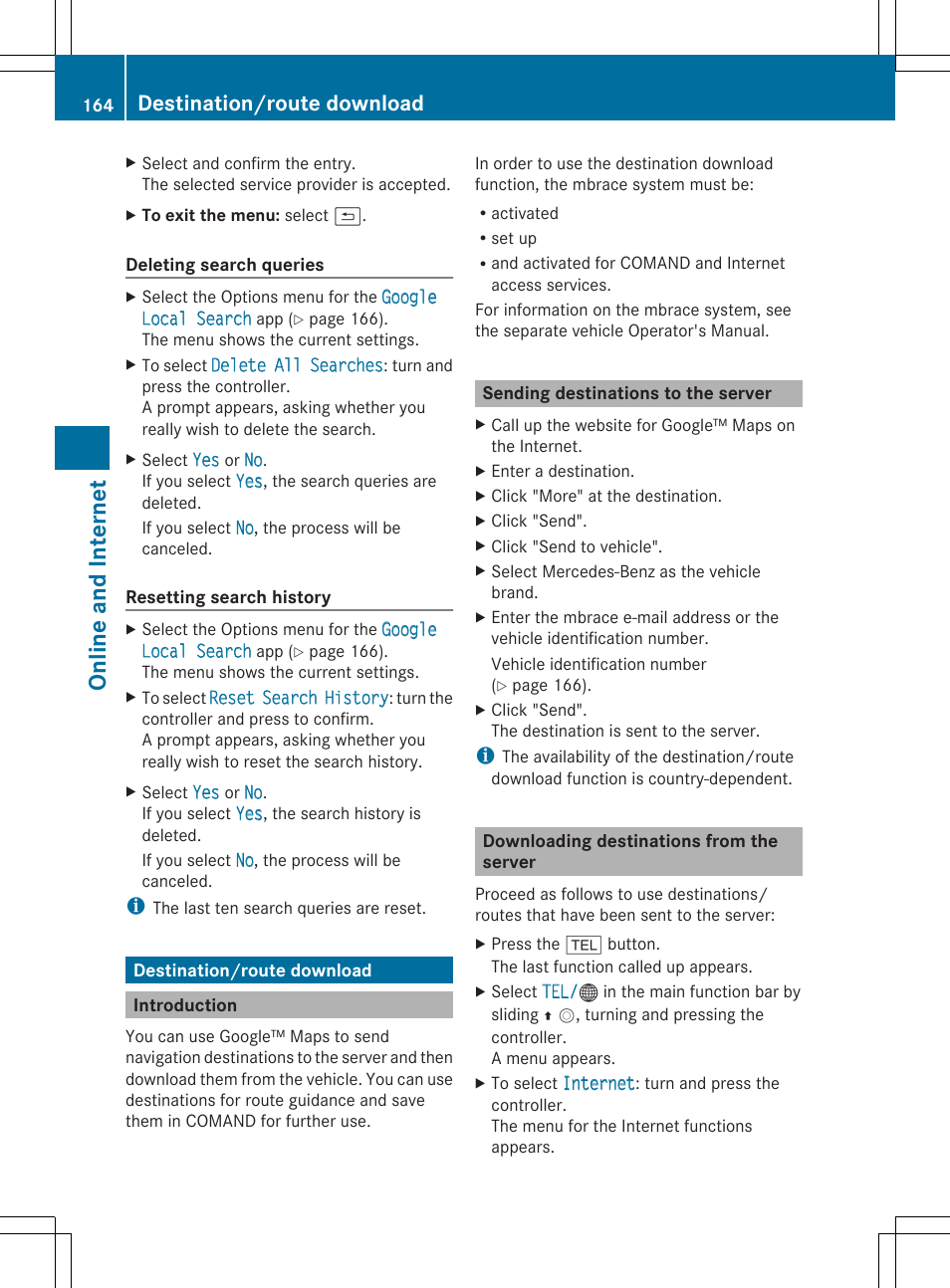 Online and inter net, Destination/route download | Mercedes-Benz S-Class 2014 COMAND Manual User Manual | Page 166 / 278